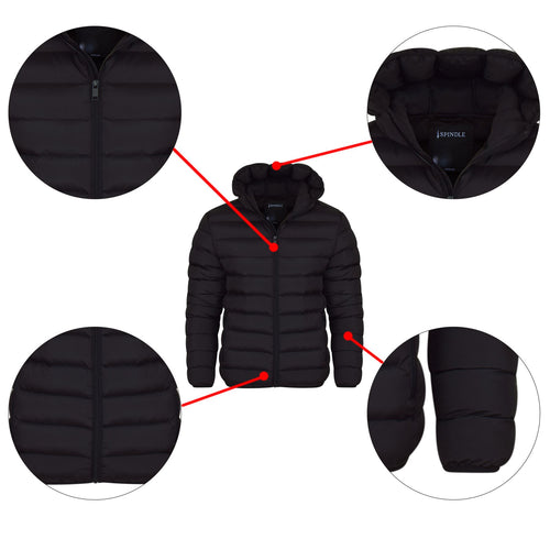 Men's Spindle Plain Black Hooded Padded Quilted Puffer Jacket Winter Coat 2 Zip Pockets