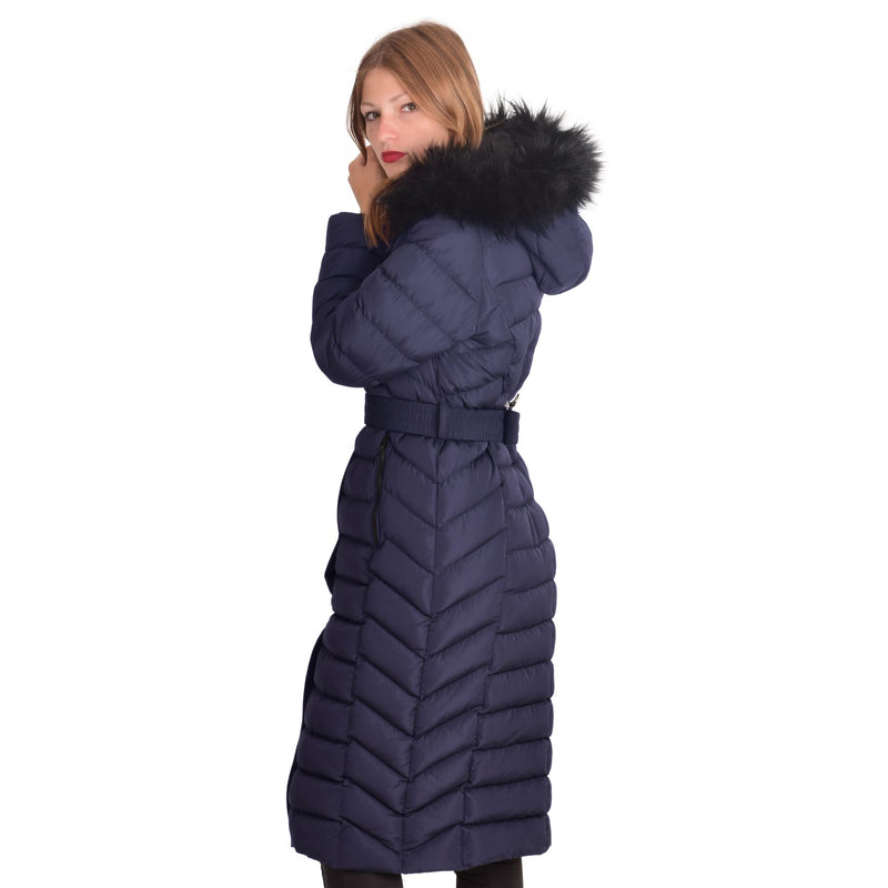 Spindle Womens Maxi Long Hooded Fur Puffer Quilted Parka Coat Extra Long | Ladies Full Length Winter Jacket Blue