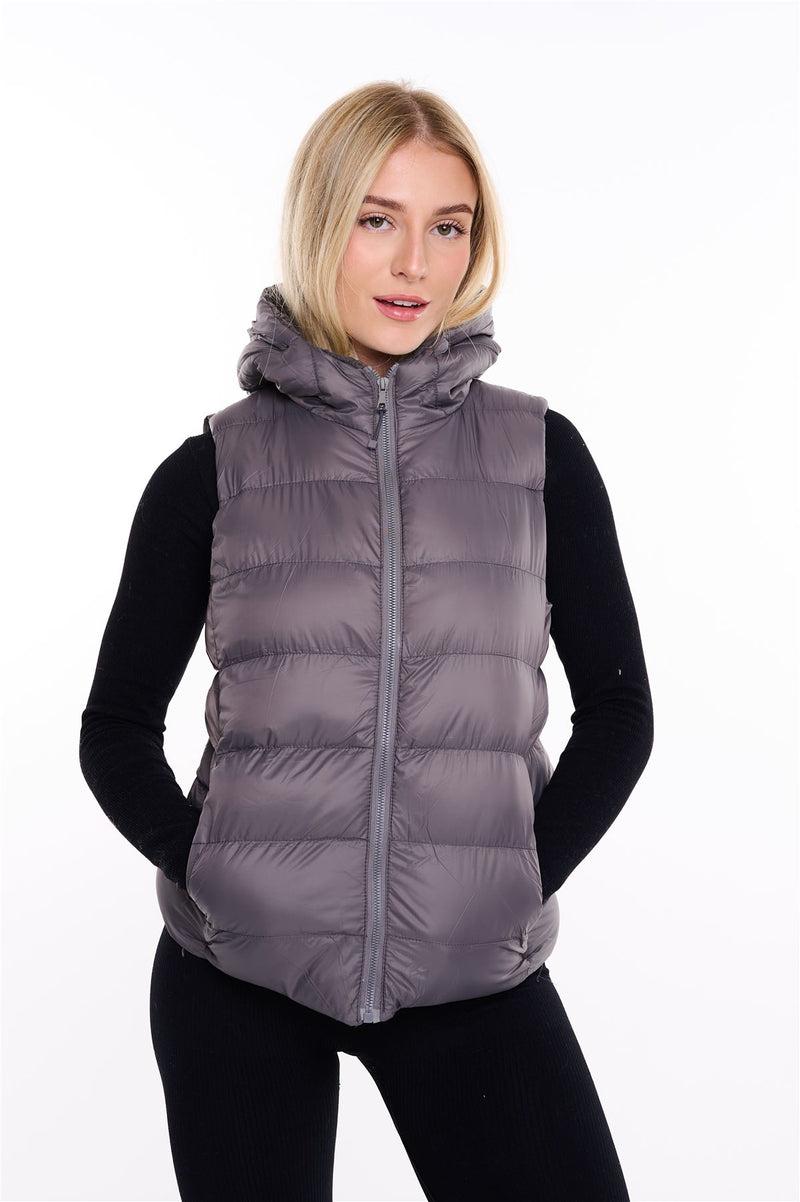 Womens Plain Black Hooded Gilet Body Warmer Padded Sherpa Borg Lined Zip Up Gilet Vest Basic Bodywarmer Short Sleeveless Jacket Zip Pockets