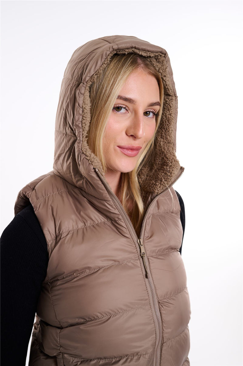 Womens Plain Black Hooded Gilet Body Warmer Padded Sherpa Borg Lined Zip Up Gilet Vest Basic Bodywarmer Short Sleeveless Jacket Zip Pockets