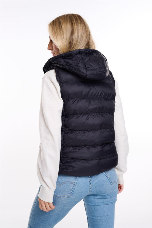 Womens Plain Black Hooded Gilet Body Warmer Padded Sherpa Borg Lined Zip Up Gilet Vest Basic Bodywarmer Short Sleeveless Jacket Zip Pockets