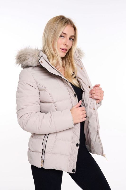 Spindle Womens Ladies Premium Quality Hooded Short Fur Parka Quilted Padded Puffer Coat | Zip Side Pockets | Luxurious Detachable Faux Fur on Hood | Zipped Inner Pocket