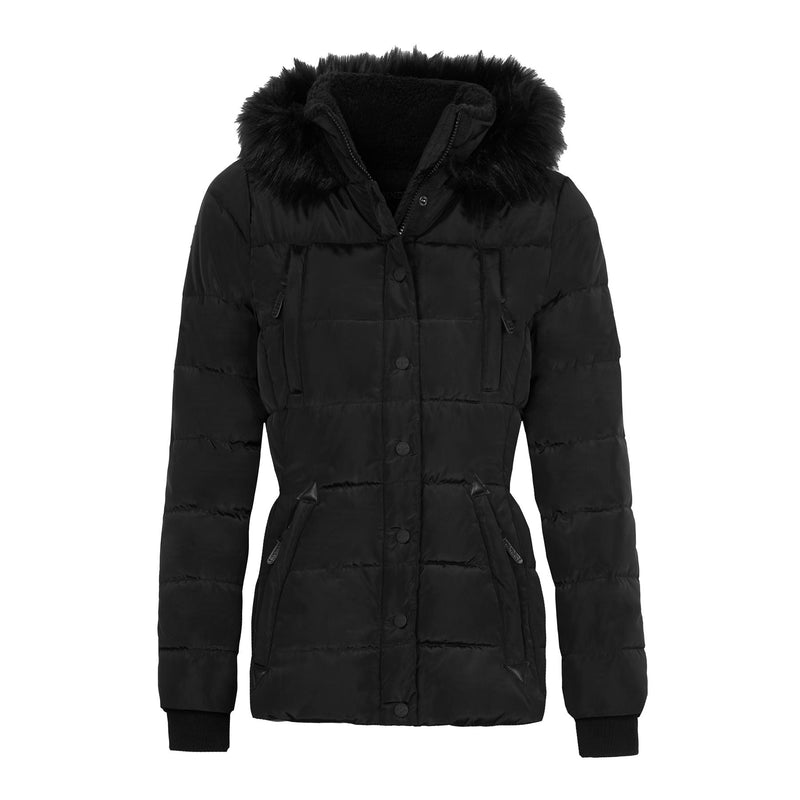 Spindle Womens Ladies Premium Quality Hooded Short Fur Parka Quilted Padded Puffer Coat | Zip Side Pockets | Luxurious Detachable Faux Fur on Hood | Zipped Inner Pocket