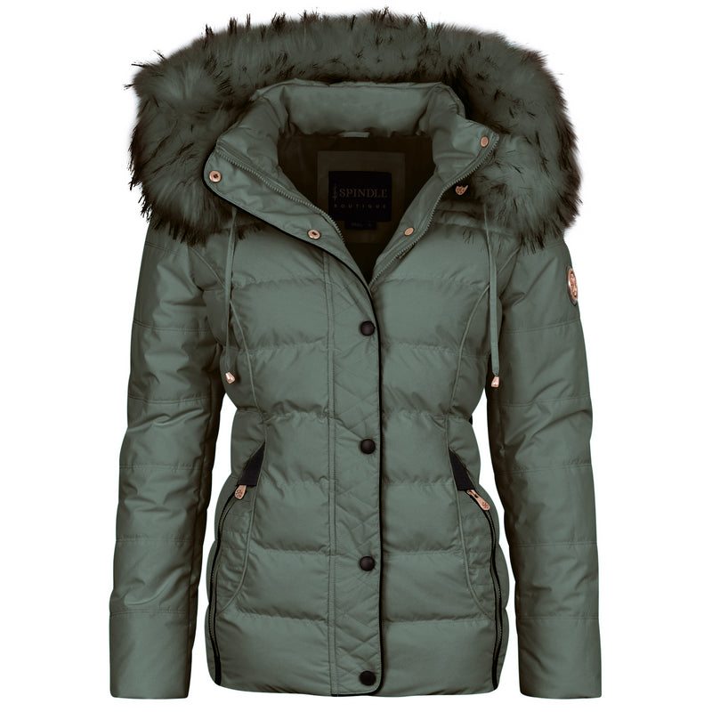 Spindle Womens Ladies Premium Quality Hooded Short Fur Parka Quilted Padded Puffer Coat | Zip Side Pockets | Luxurious Detachable Faux Fur on Hood | Zipped Inner Pocket