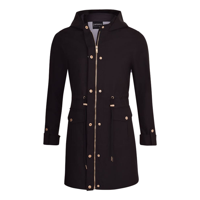 Womens Premium Quality Rain Mac Rain Jacket Hood Ladies Trench Coat Long Water Repellent Outdoor Coat with Pockets Hooded Kagoule Hooded Festival Anorak with adjustable waist and roll up sleeves. Black and Navy Blue