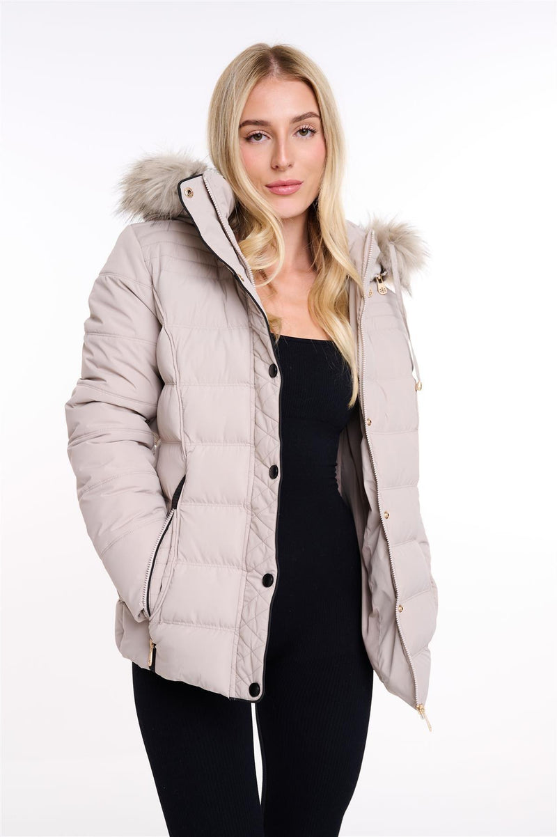 Spindle Womens Ladies Premium Quality Hooded Short Fur Parka Quilted Padded Puffer Coat | Zip Side Pockets | Luxurious Detachable Faux Fur on Hood | Zipped Inner Pocket