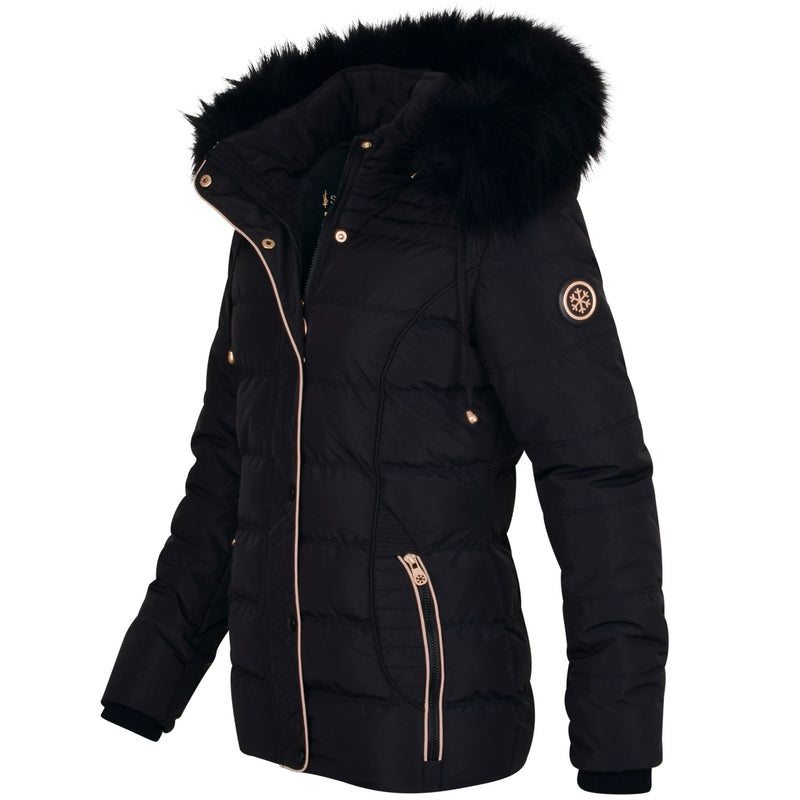 Spindle Womens Ladies Premium Quality Hooded Short Fur Parka Quilted Padded Puffer Coat | Zip Side Pockets | Luxurious Detachable Faux Fur on Hood | Zipped Inner Pocket