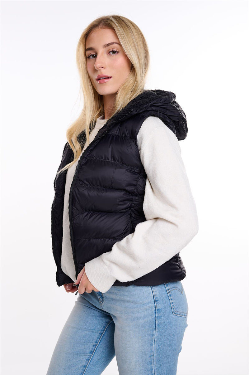 Womens Plain Black Hooded Gilet Body Warmer Padded Sherpa Borg Lined Zip Up Gilet Vest Basic Bodywarmer Short Sleeveless Jacket Zip Pockets
