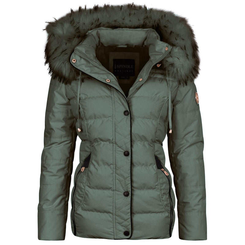 Spindle Womens Ladies Premium Quality Hooded Short Fur Parka Quilted Padded Puffer Coat | Zip Side Pockets | Luxurious Detachable Faux Fur on Hood | Zipped Inner Pocket
