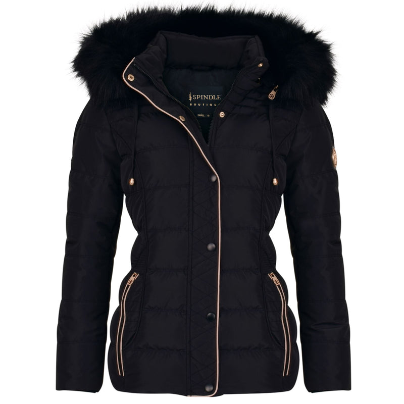 Spindle Womens Ladies Premium Quality Hooded Short Fur Parka Quilted Padded Puffer Coat | Zip Side Pockets | Luxurious Detachable Faux Fur on Hood | Zipped Inner Pocket