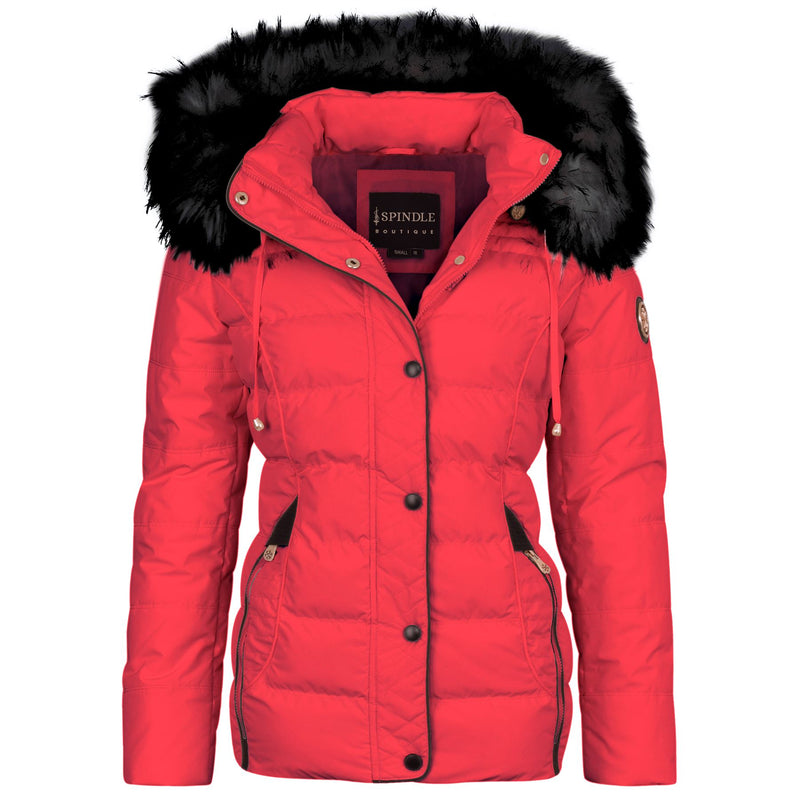 Spindle Womens Ladies Premium Quality Hooded Short Fur Parka Quilted Padded Puffer Coat | Zip Side Pockets | Luxurious Detachable Faux Fur on Hood | Zipped Inner Pocket