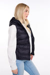 Womens Plain Black Hooded Gilet Body Warmer Padded Sherpa Borg Lined Zip Up Gilet Vest Basic Bodywarmer Short Sleeveless Jacket Zip Pockets