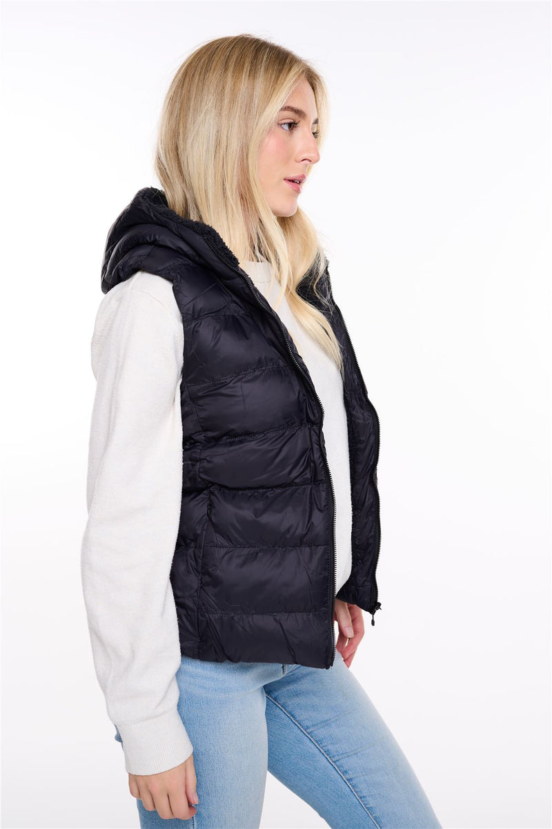 Womens Plain Black Hooded Gilet Body Warmer Padded Sherpa Borg Lined Zip Up Gilet Vest Basic Bodywarmer Short Sleeveless Jacket Zip Pockets