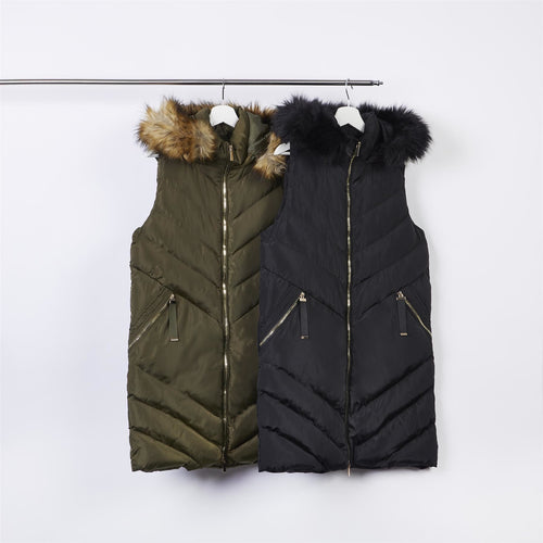 Spindle Womens Ladies Long Padded Hooded Gilet Jacket Sleeveless Bodywarmer Zip Pockets Quilted Body Parka Coat