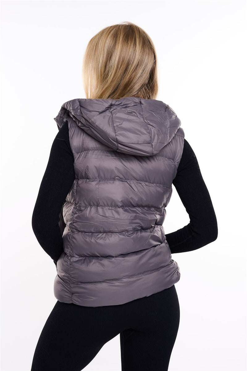 Womens Plain Black Hooded Gilet Body Warmer Padded Sherpa Borg Lined Zip Up Gilet Vest Basic Bodywarmer Short Sleeveless Jacket Zip Pockets