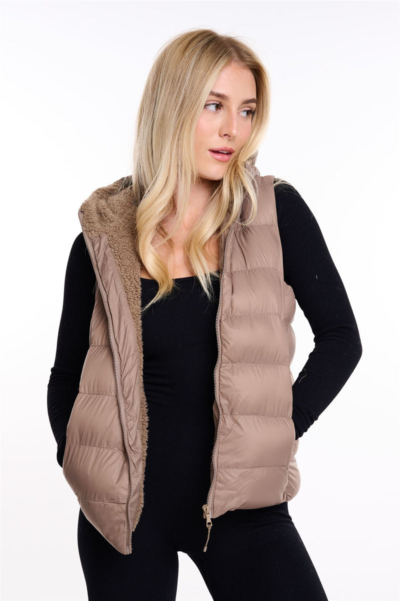 Womens Plain Black Hooded Gilet Body Warmer Padded Sherpa Borg Lined Zip Up Gilet Vest Basic Bodywarmer Short Sleeveless Jacket Zip Pockets