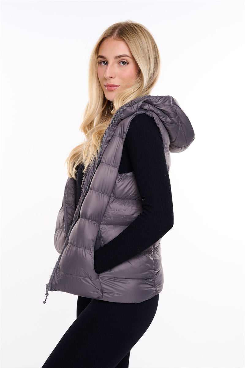 Womens Plain Black Hooded Gilet Body Warmer Padded Sherpa Borg Lined Zip Up Gilet Vest Basic Bodywarmer Short Sleeveless Jacket Zip Pockets