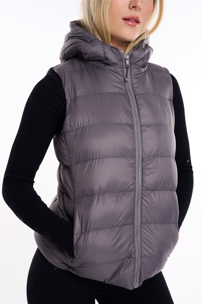 Womens Plain Black Hooded Gilet Body Warmer Padded Sherpa Borg Lined Zip Up Gilet Vest Basic Bodywarmer Short Sleeveless Jacket Zip Pockets
