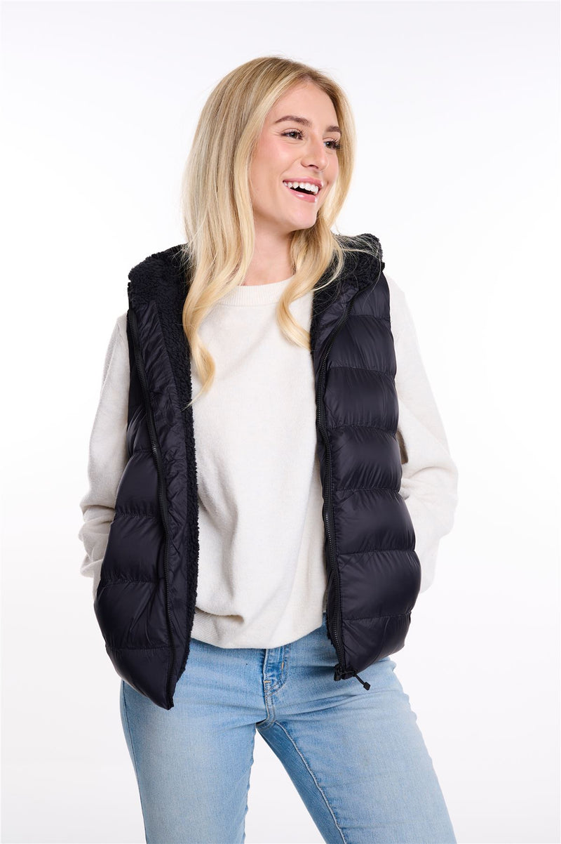 Womens Plain Black Hooded Gilet Body Warmer Padded Sherpa Borg Lined Zip Up Gilet Vest Basic Bodywarmer Short Sleeveless Jacket Zip Pockets