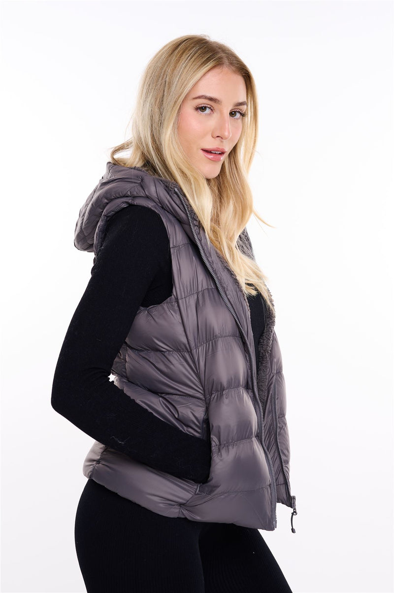Womens Plain Black Hooded Gilet Body Warmer Padded Sherpa Borg Lined Zip Up Gilet Vest Basic Bodywarmer Short Sleeveless Jacket Zip Pockets