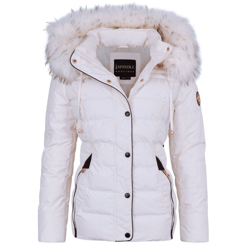 Spindle Womens Ladies Premium Quality Hooded Short Fur Parka Quilted Padded Puffer Coat | Zip Side Pockets | Luxurious Detachable Faux Fur on Hood | Zipped Inner Pocket