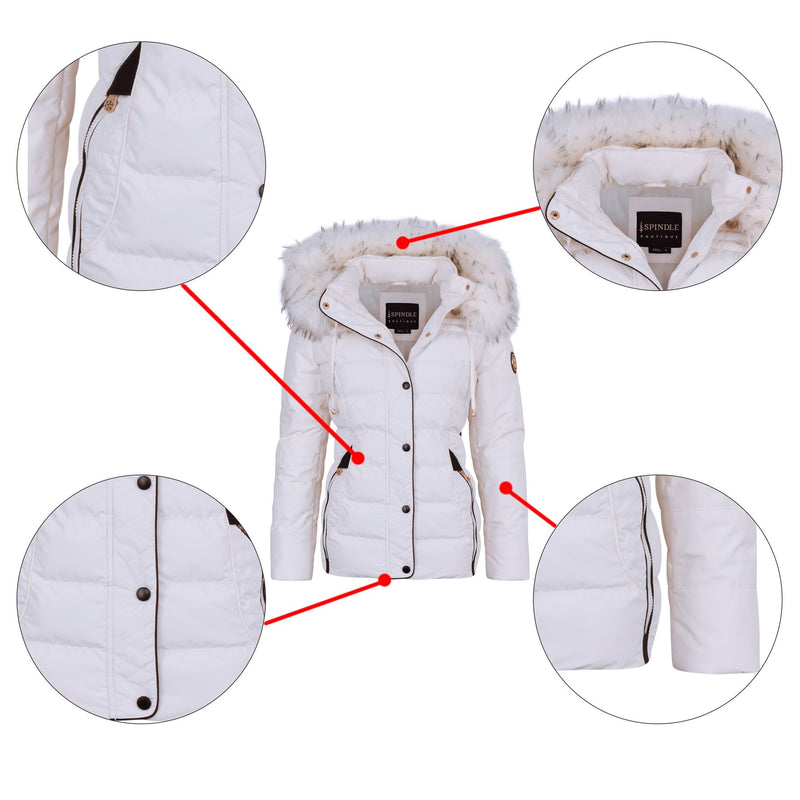 Spindle Womens Ladies Premium Quality Hooded Short Fur Parka Quilted Padded Puffer Coat | Zip Side Pockets | Luxurious Detachable Faux Fur on Hood | Zipped Inner Pocket