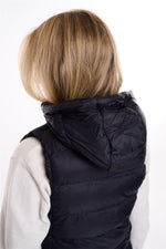 Womens Plain Black Hooded Gilet Body Warmer Padded Sherpa Borg Lined Zip Up Gilet Vest Basic Bodywarmer Short Sleeveless Jacket Zip Pockets