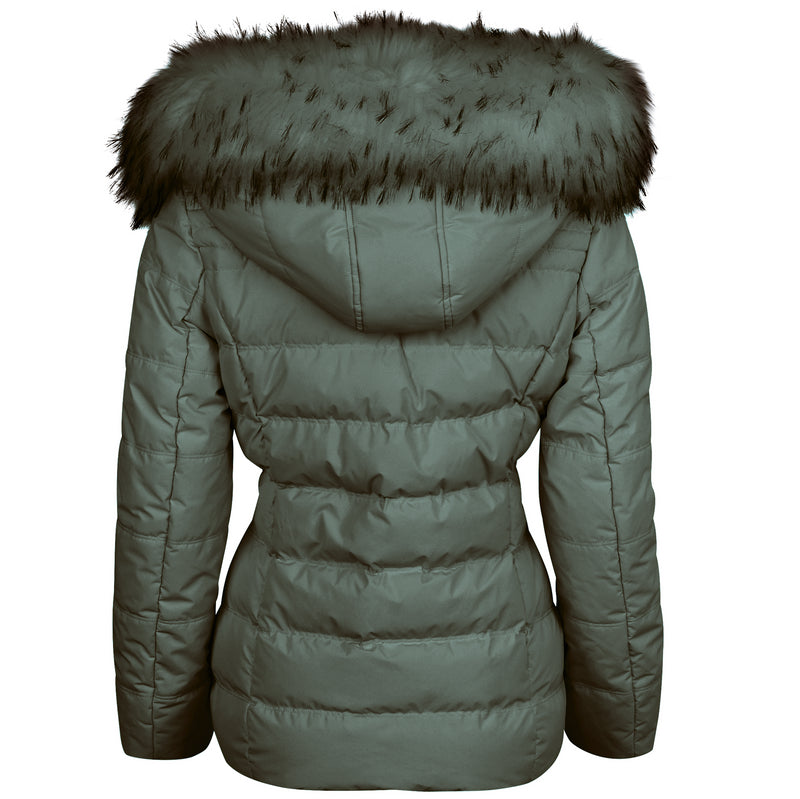 Spindle Womens Ladies Premium Quality Hooded Short Fur Parka Quilted Padded Puffer Coat | Zip Side Pockets | Luxurious Detachable Faux Fur on Hood | Zipped Inner Pocket