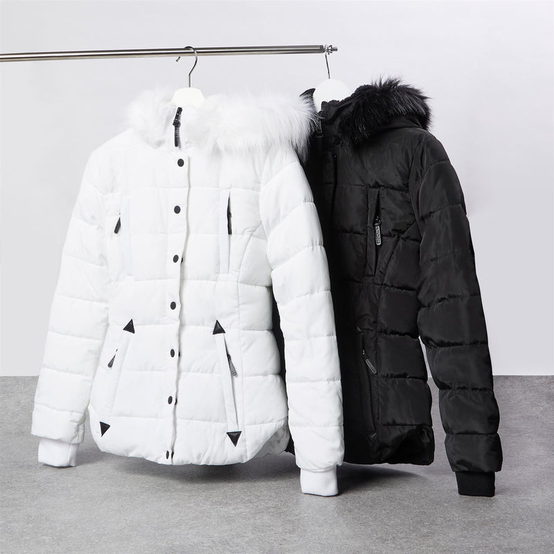 Spindle Womens Ladies Premium Quality Hooded Short Fur Parka Quilted Padded Puffer Coat | Zip Side Pockets | Luxurious Detachable Faux Fur on Hood | Zipped Inner Pocket