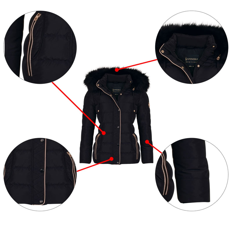 Spindle Womens Ladies Premium Quality Hooded Short Fur Parka Quilted Padded Puffer Coat | Zip Side Pockets | Luxurious Detachable Faux Fur on Hood | Zipped Inner Pocket