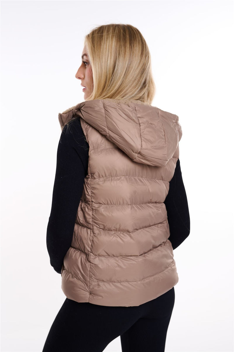 Womens Plain Black Hooded Gilet Body Warmer Padded Sherpa Borg Lined Zip Up Gilet Vest Basic Bodywarmer Short Sleeveless Jacket Zip Pockets