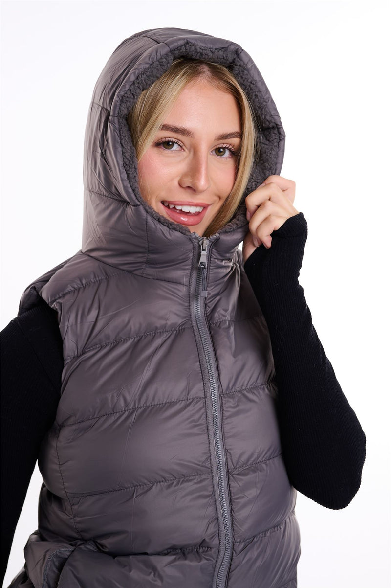 Womens Plain Black Hooded Gilet Body Warmer Padded Sherpa Borg Lined Zip Up Gilet Vest Basic Bodywarmer Short Sleeveless Jacket Zip Pockets