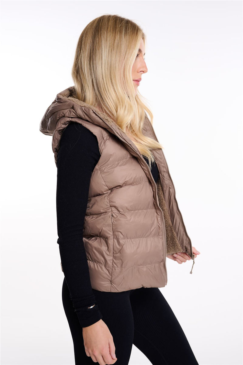 Womens Plain Black Hooded Gilet Body Warmer Padded Sherpa Borg Lined Zip Up Gilet Vest Basic Bodywarmer Short Sleeveless Jacket Zip Pockets