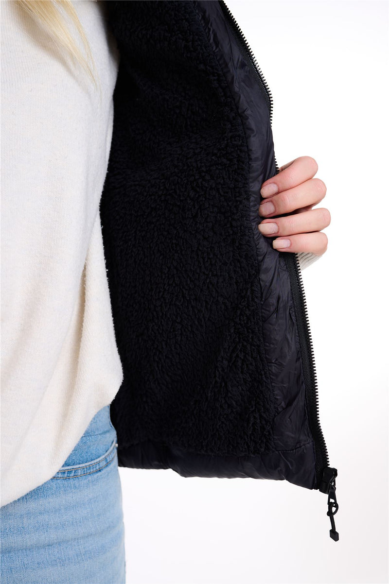 Womens Plain Black Hooded Gilet Body Warmer Padded Sherpa Borg Lined Zip Up Gilet Vest Basic Bodywarmer Short Sleeveless Jacket Zip Pockets