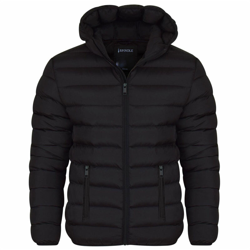 Men's Spindle Plain Black Hooded Padded Quilted Puffer Jacket Winter Coat 2 Zip Pockets