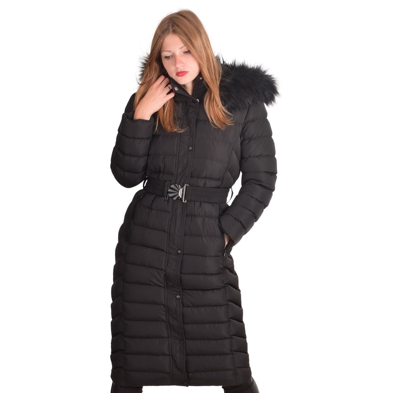 Spindle Womens Maxi Long Hooded Fur Puffer Quilted Parka Coat Extra Long | Ladies Full Length Winter Jacket Black