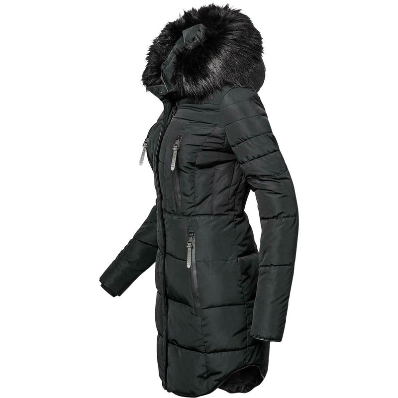 Womens Designer Spindle Long Fur Parka Hooded Jacket Quilted Winter Padded Coat Zip Pockets Mariclare Black Long Parka