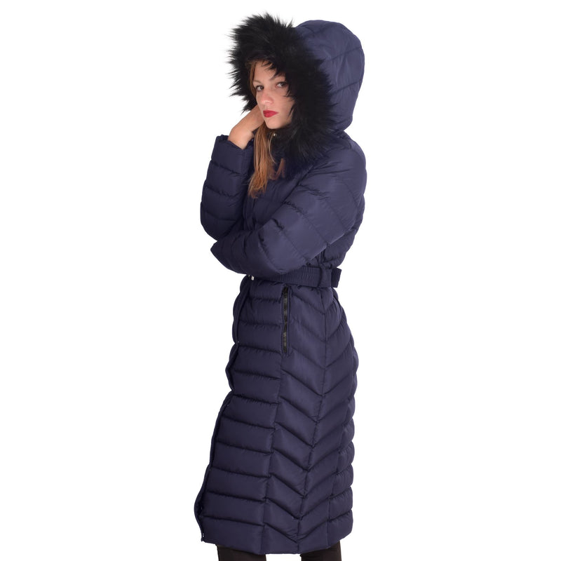 Spindle Womens Maxi Long Hooded Fur Puffer Quilted Parka Coat Extra Long | Ladies Full Length Winter Jacket Blue